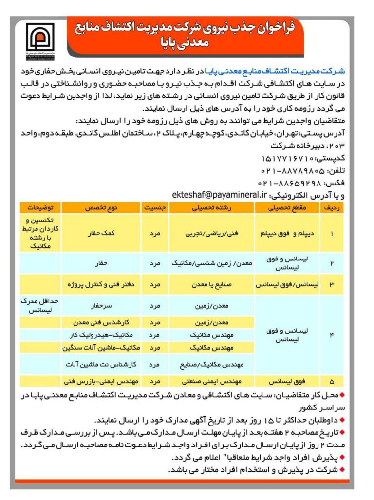 جذب نیروی شرکت مدیریت اکتشاف منابع معدنی پایا